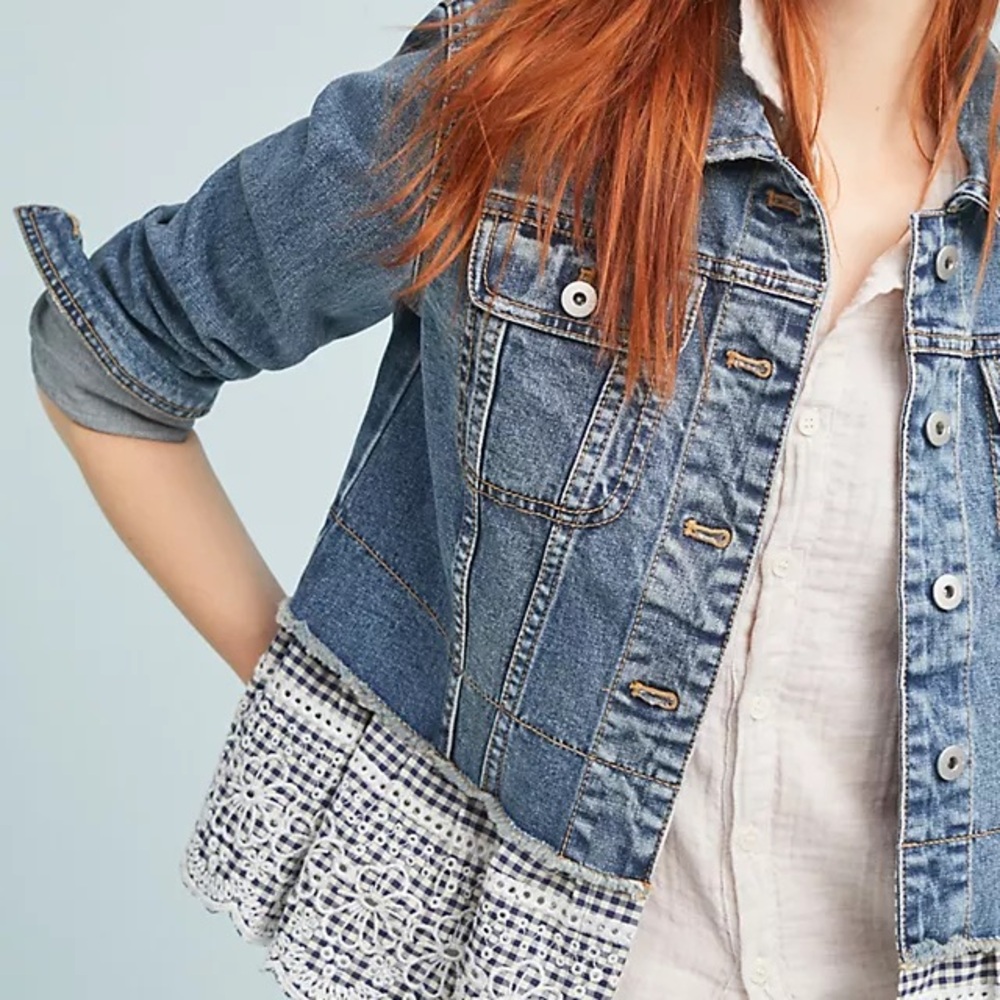 Anthropologie Pilcro & the Letterpress Denim Jacket Gingham Embroidered Lace S - Picture 12 of 12